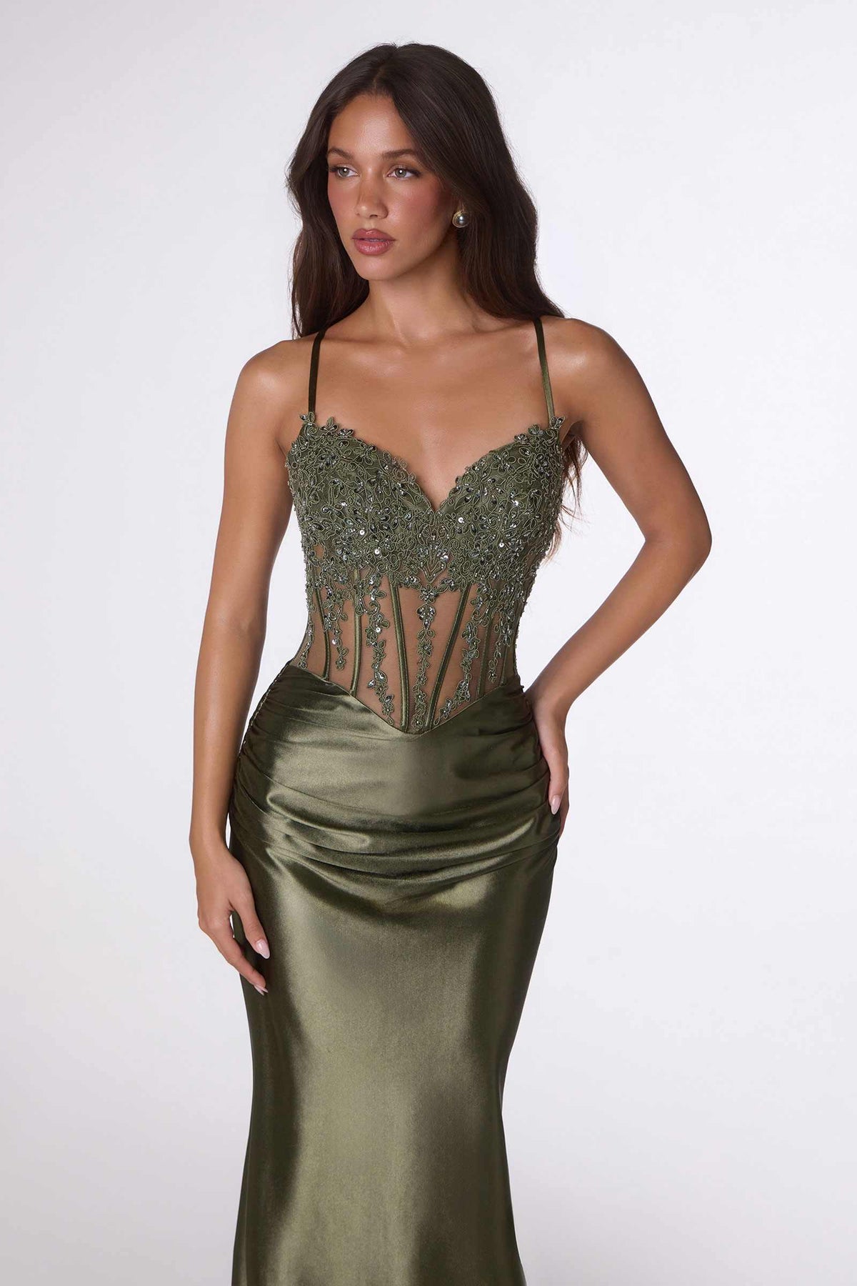 Sleek Fitted Stretch Satin Sheer Corset Mermaid Gown