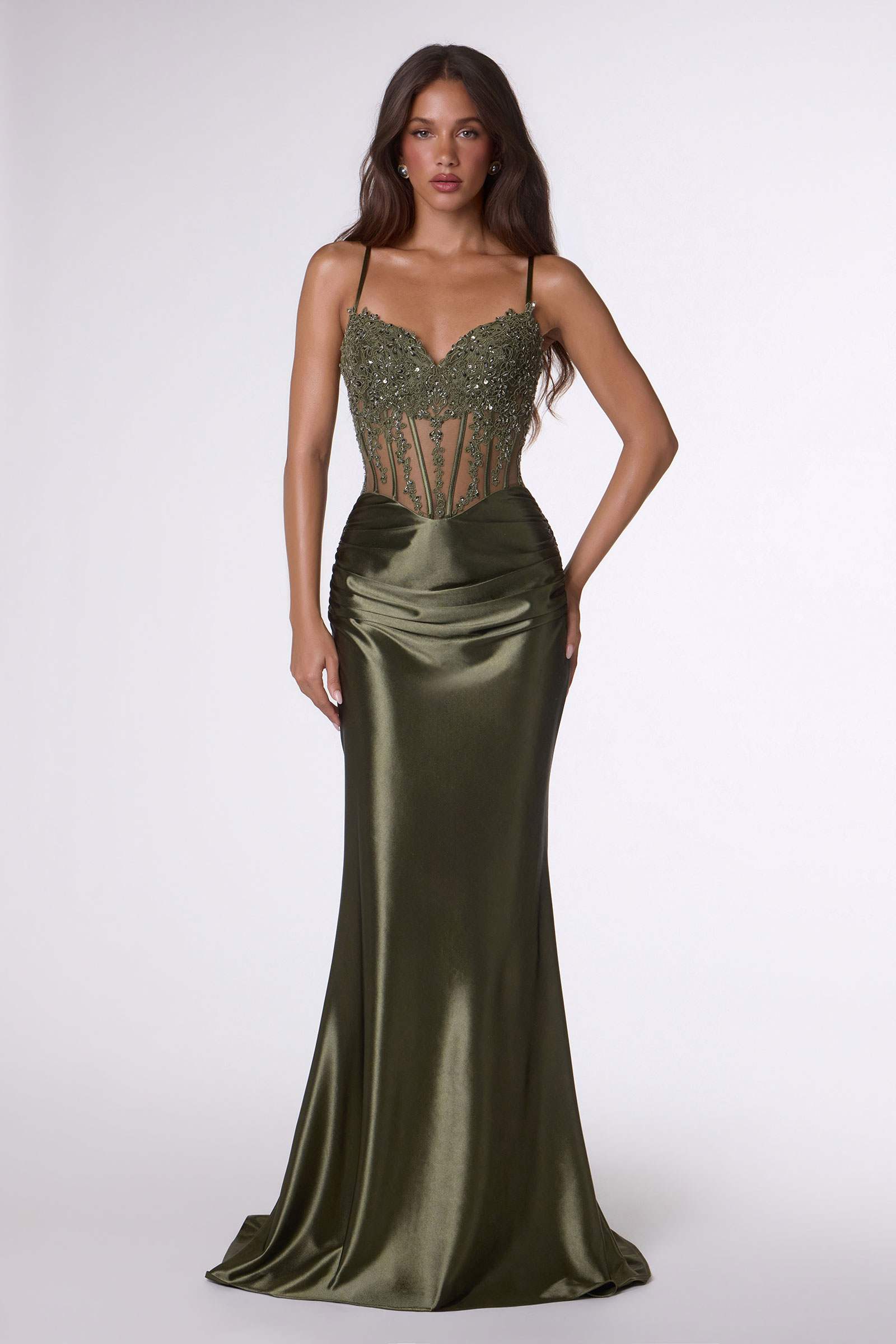 Sleek Fitted Stretch Satin Sheer Corset Mermaid Gown