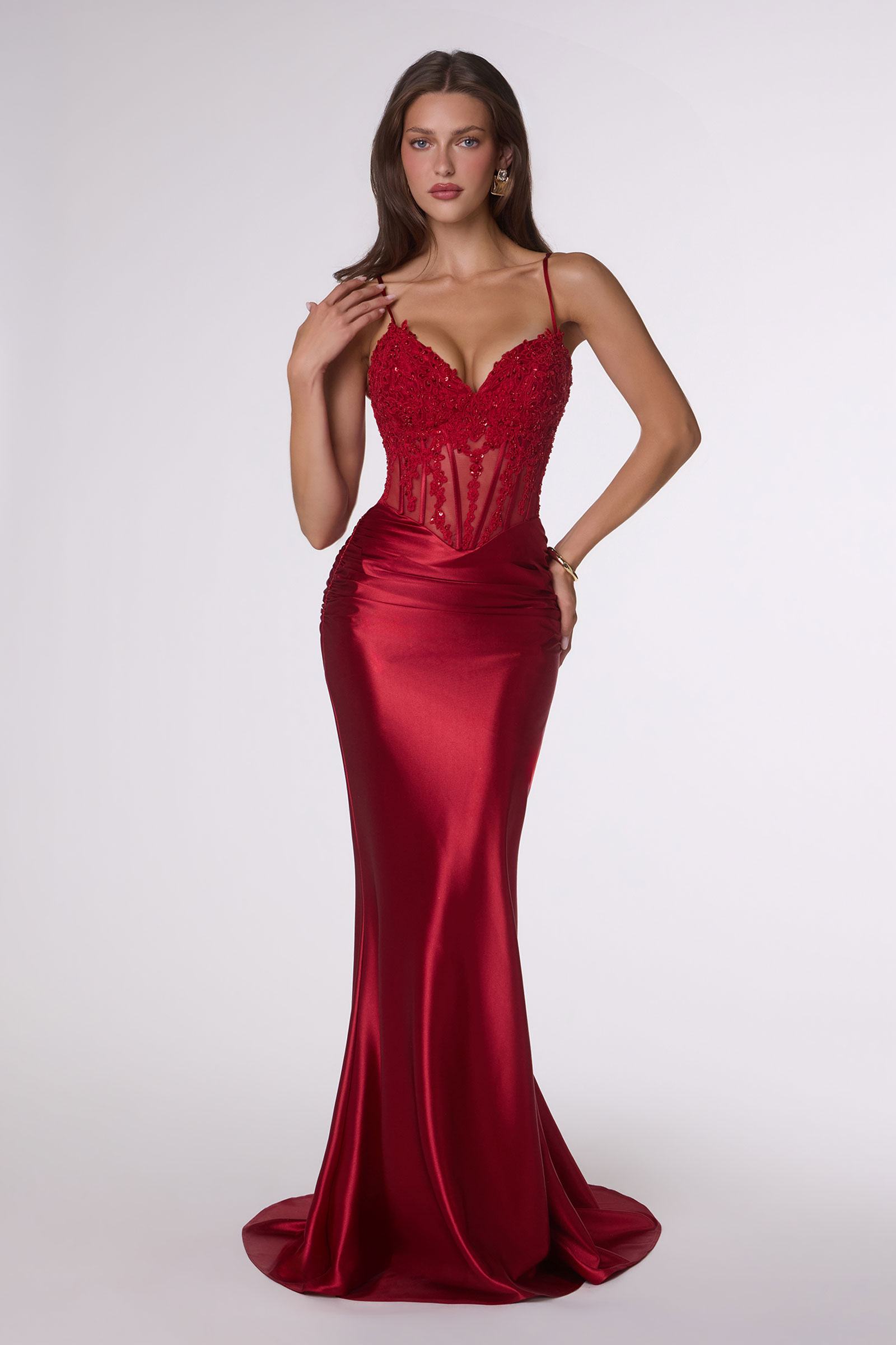Sleek Fitted Stretch Satin Sheer Corset Mermaid Gown