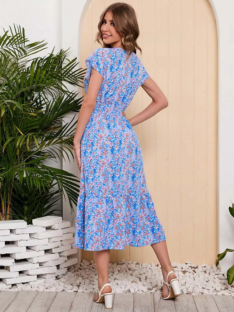 Chiffon Floral Print Long  Short Sleeve Dress