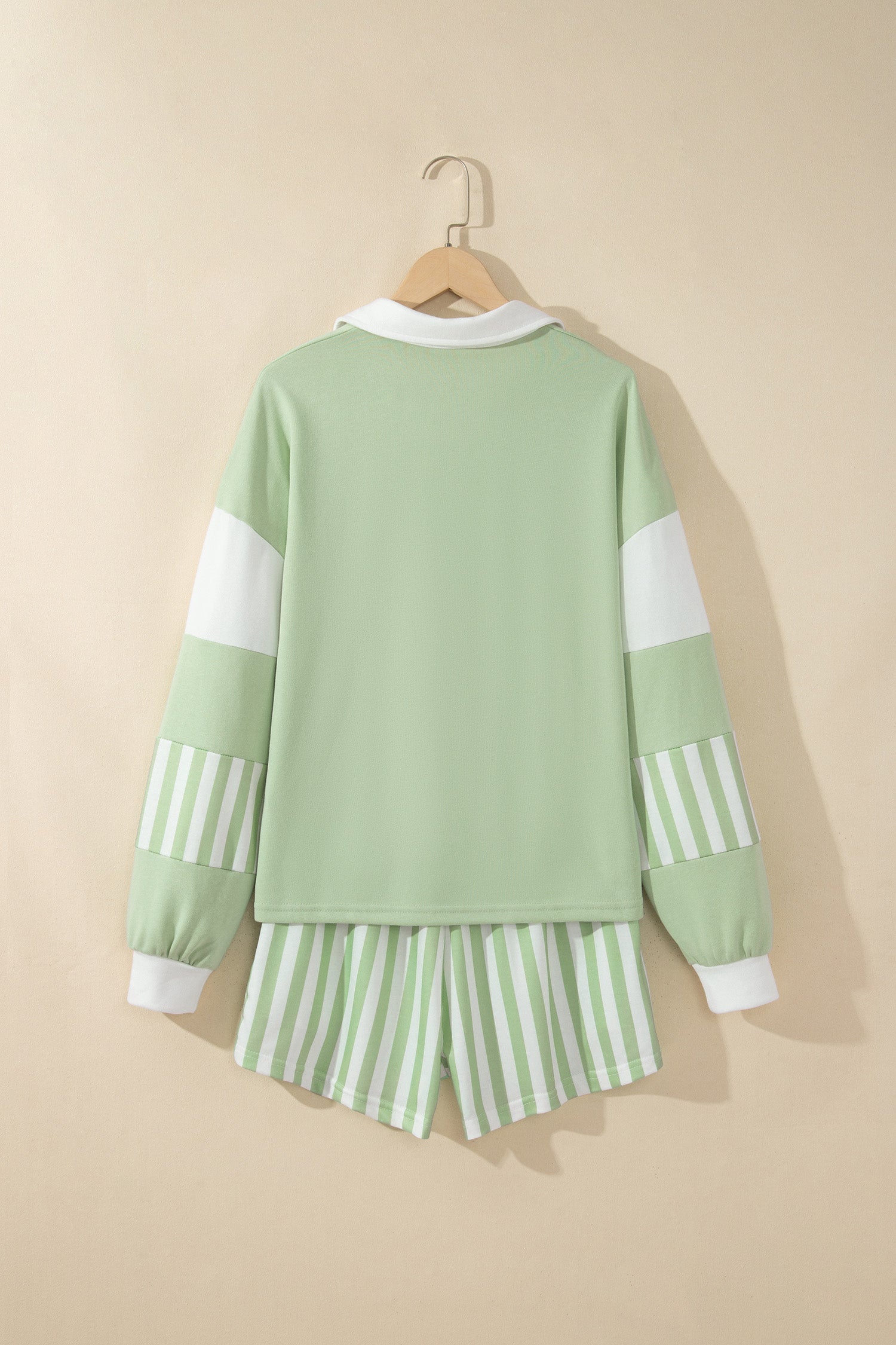 Gossamer Pink Striped Color Block Pullover Top Drawstring Shorts Set