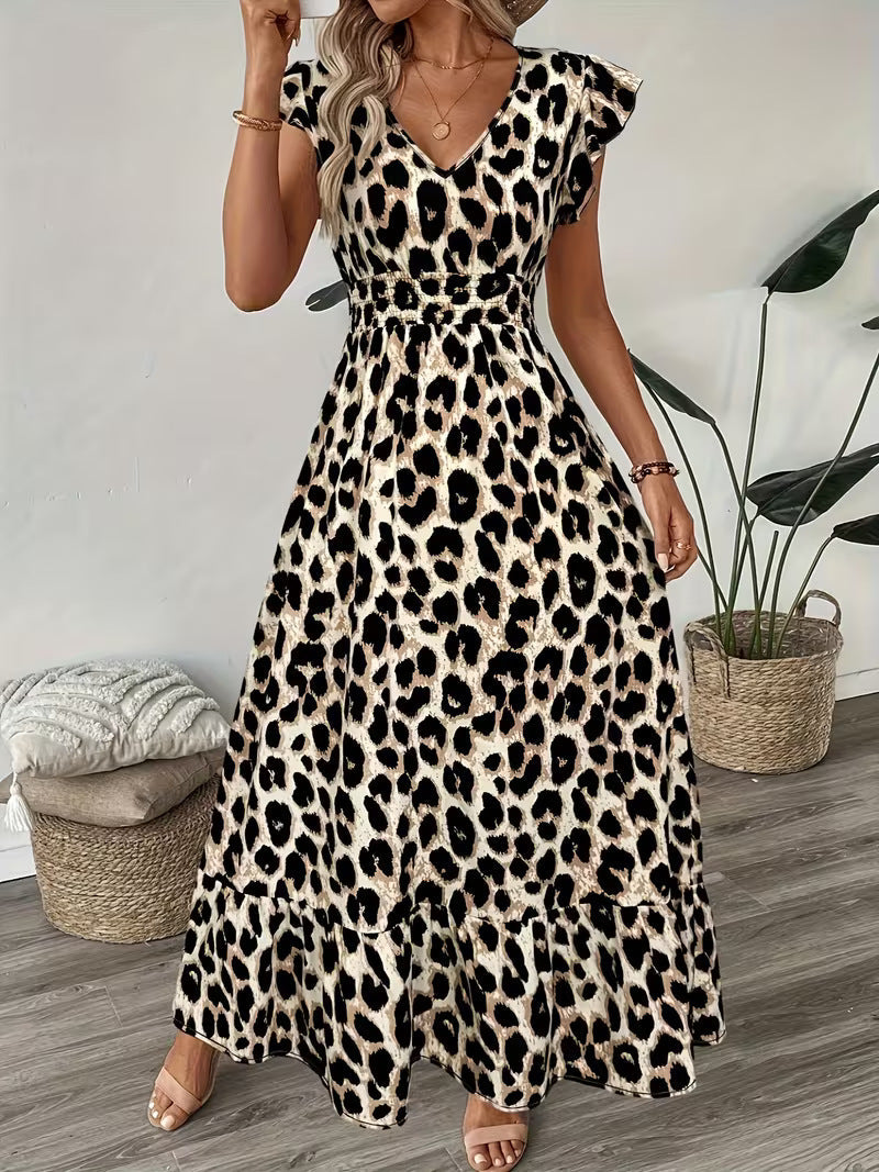 High Waisted Sleevless V-Neck Floral Print A-Line Midi Dress
