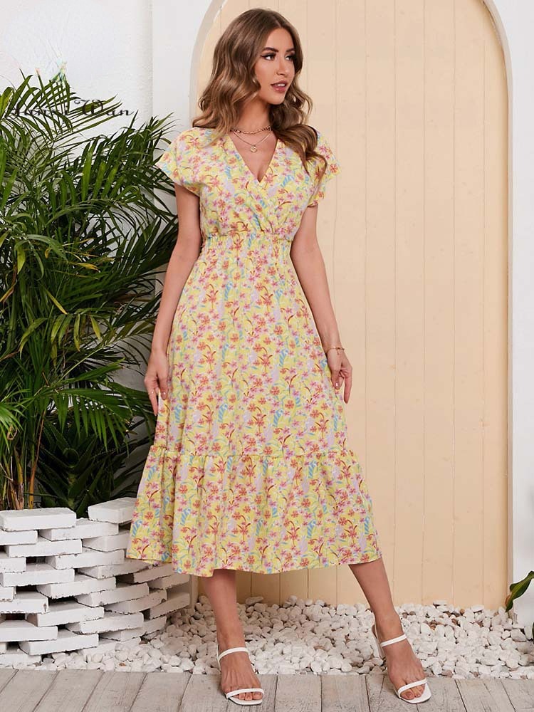 Chiffon Floral Print Long  Short Sleeve Dress