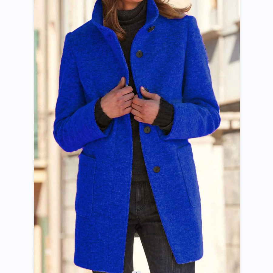 Stand Collar Woolen Coat With Pockets Fall Winter Casual Button