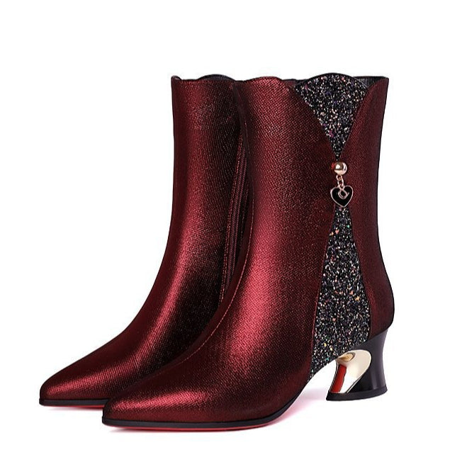 Leather Pointed Toe Short Boots