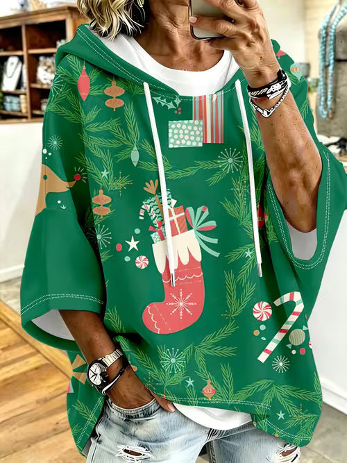 Retro-Print Hoodie With Drawstring And Three-Quarter Sleeves