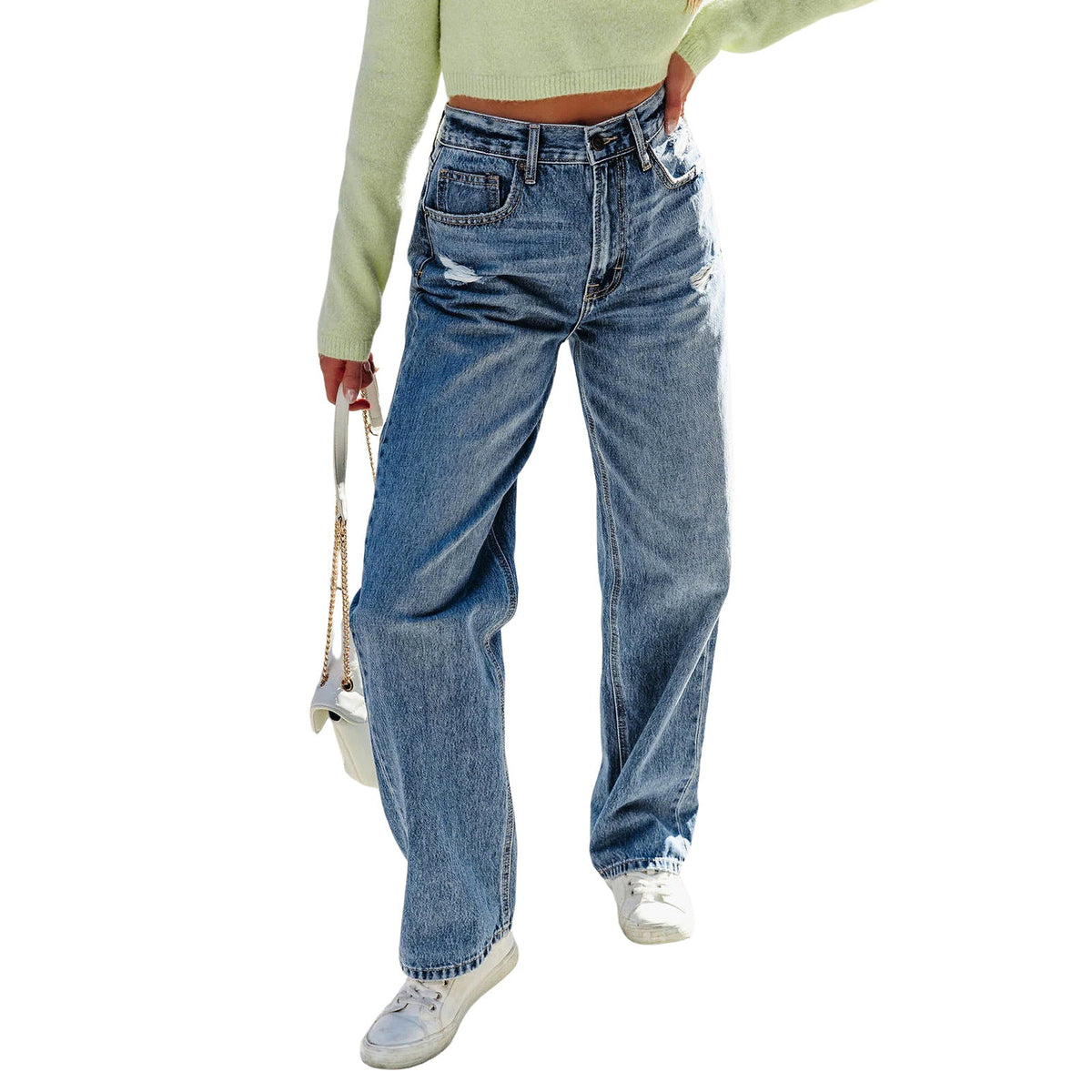 Loose-fit Straight-leg Ripped High-elastic Jeans