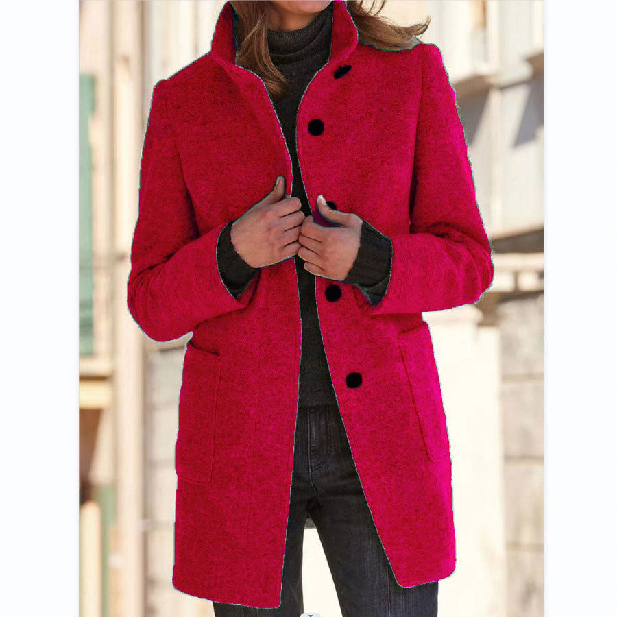 Stand Collar Woolen Coat With Pockets Fall Winter Casual Button