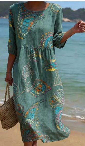 3D Floral Print Long-Sleeve A-Line Dress