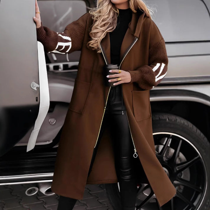 Hooded Windbreaker Long Jacket With Pockets And Drawstring Design