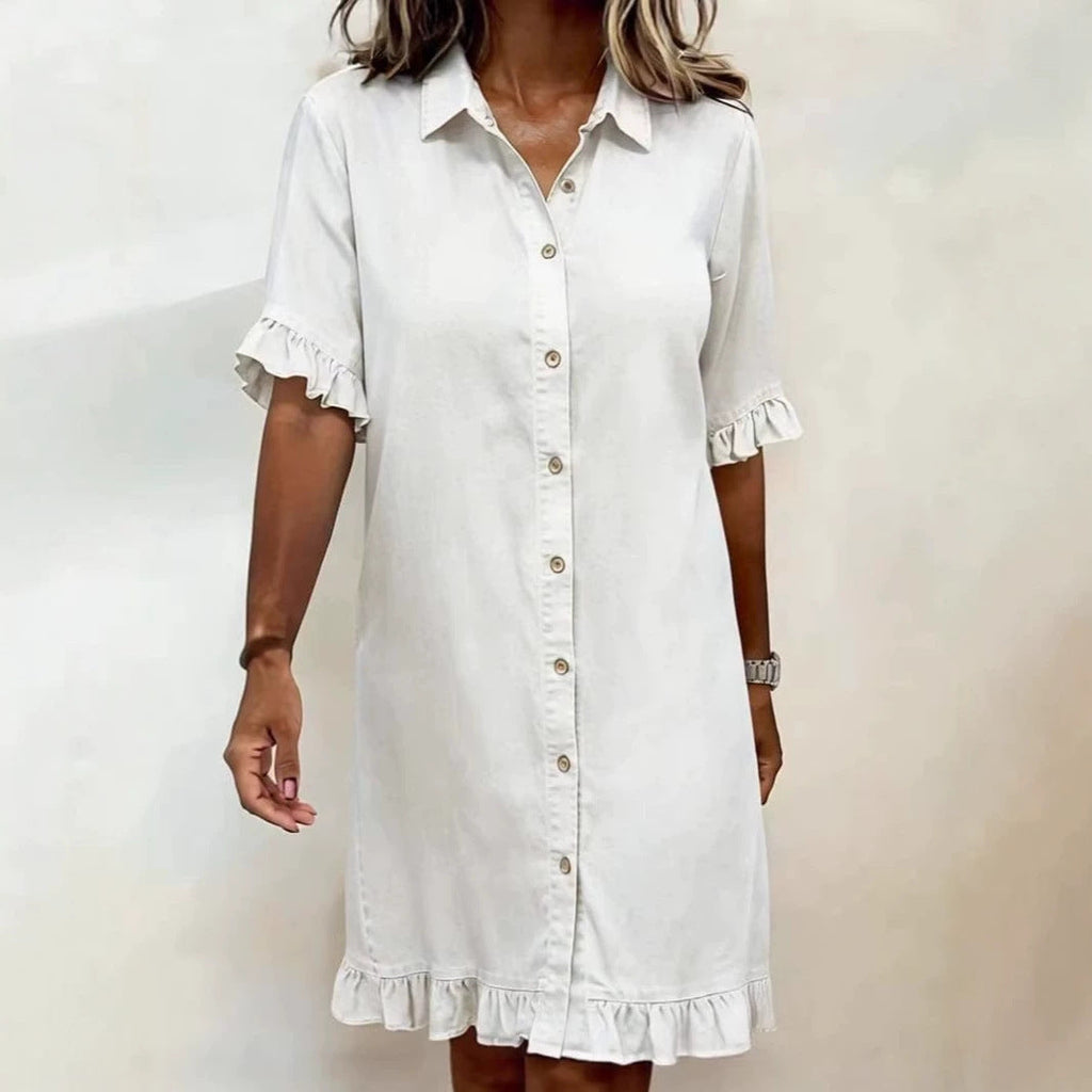 Faux Denim Ruffle-Sleeve Shirt Dress