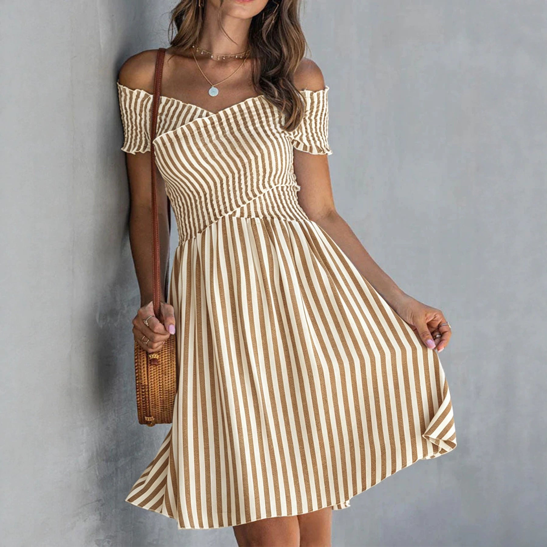 Off-Shoulder Striped Waist-Cinching Midi Dress
