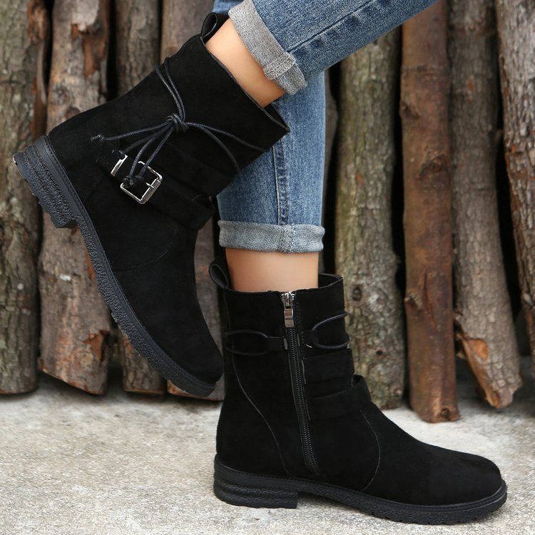 Round Toe Buckle Shoes Casual Retro Boots With Side Zipper Non Slip Ankle Boots For Women