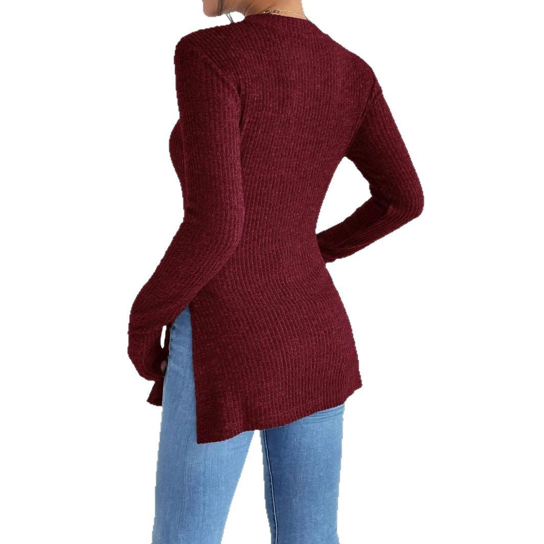 New Arrival Solid Color Ribbed Brushed Knit T-Shirt With Round Neck And Ribbed Hem