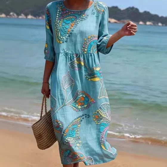 3D Floral Print Long-Sleeve A-Line Dress