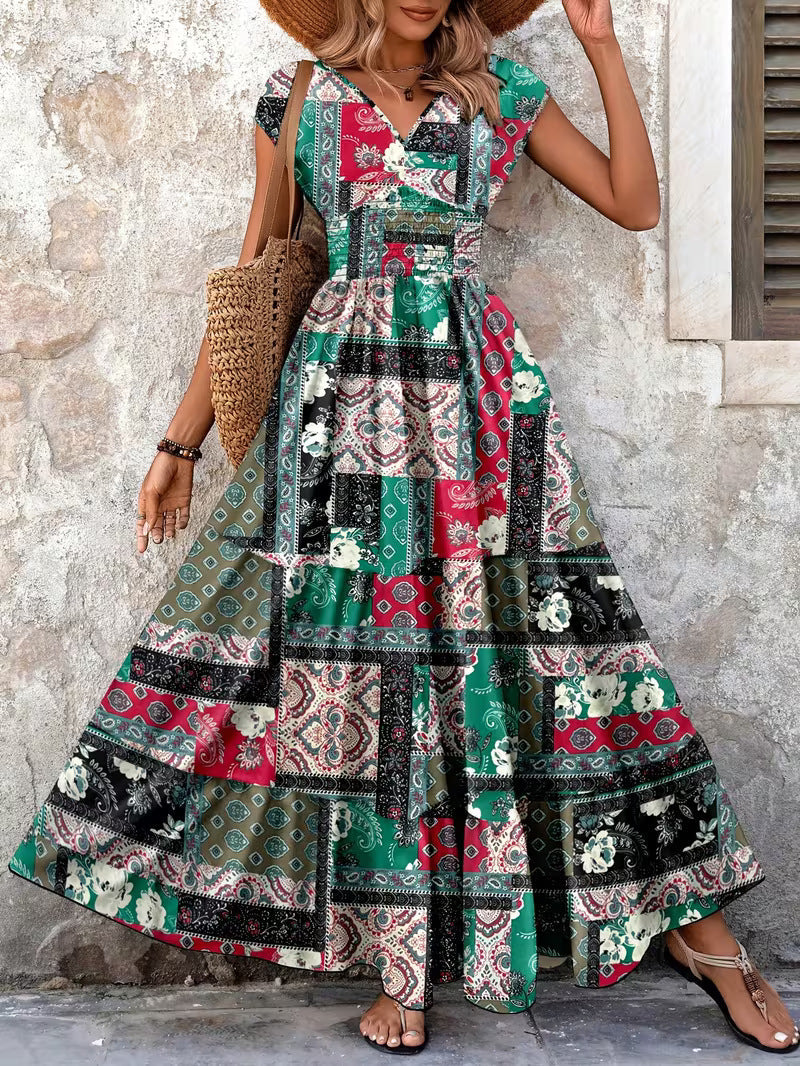 High Waisted Sleevless V-Neck Floral Print A-Line Midi Dress