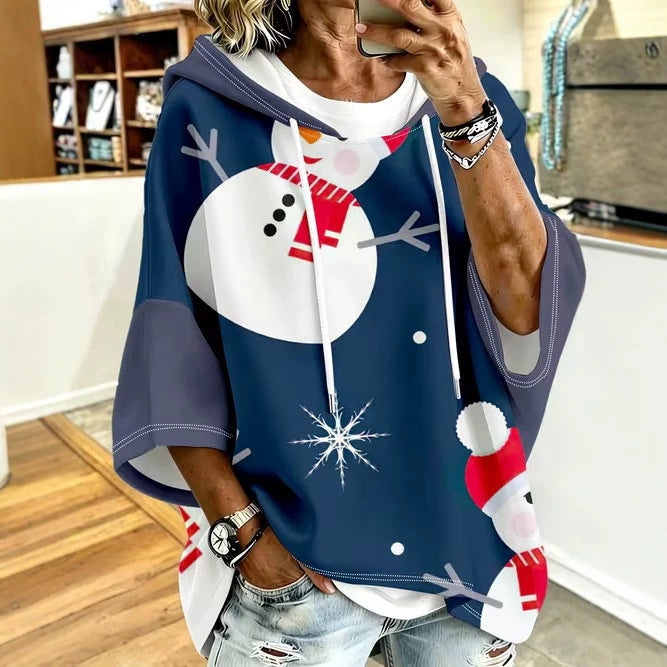 Retro-Print Hoodie With Drawstring And Three-Quarter Sleeves