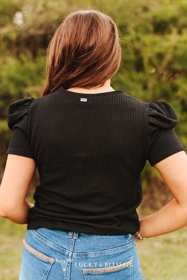 "Midnight Western" Ribbed Puff Sleeve Top