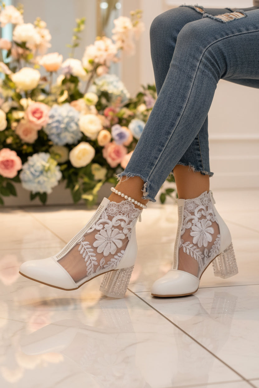 Lace-Embroidered Mesh Chunky-Heel Ankle Boots