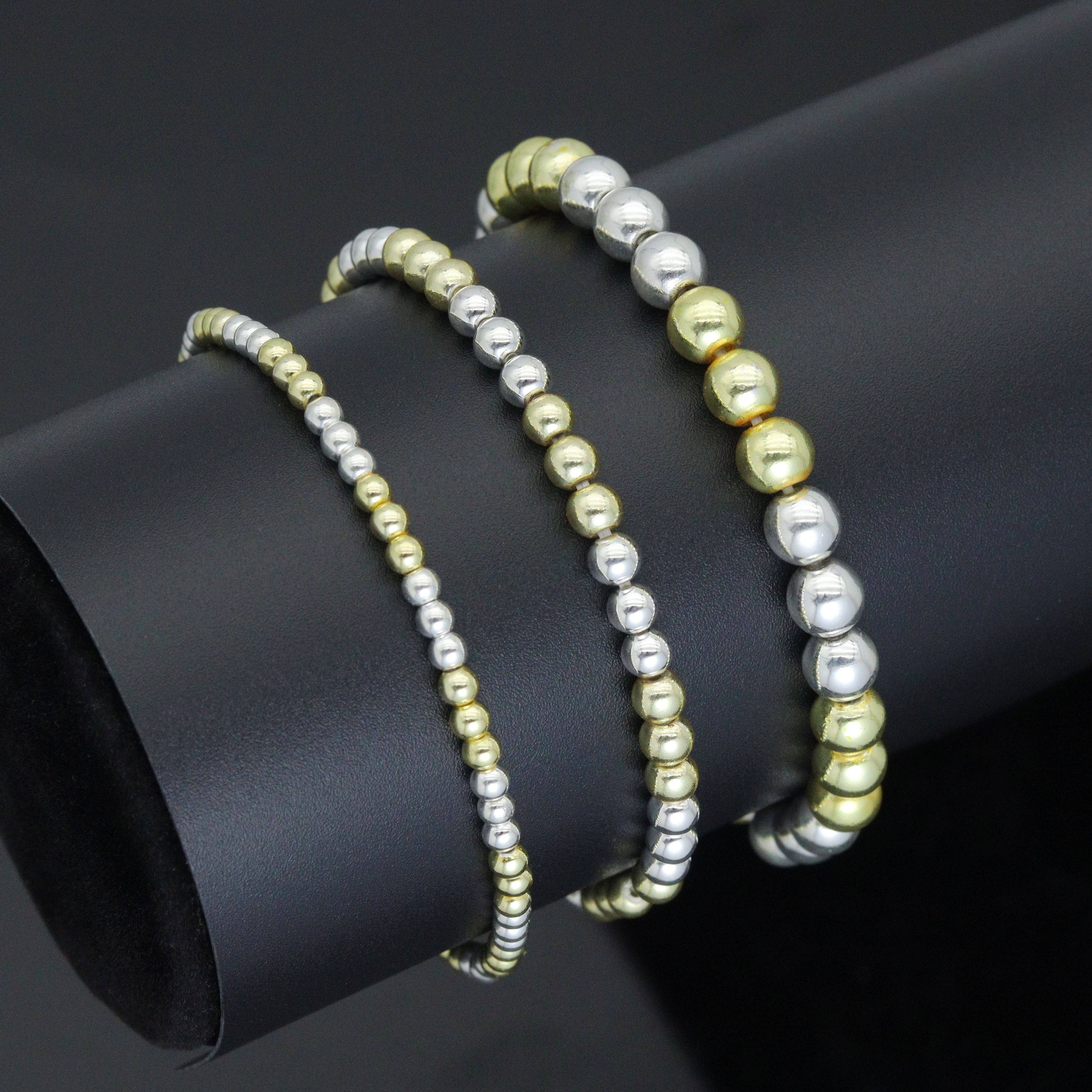 Gold and Silver Hematite Ball Beads Adjustable Bracelet
