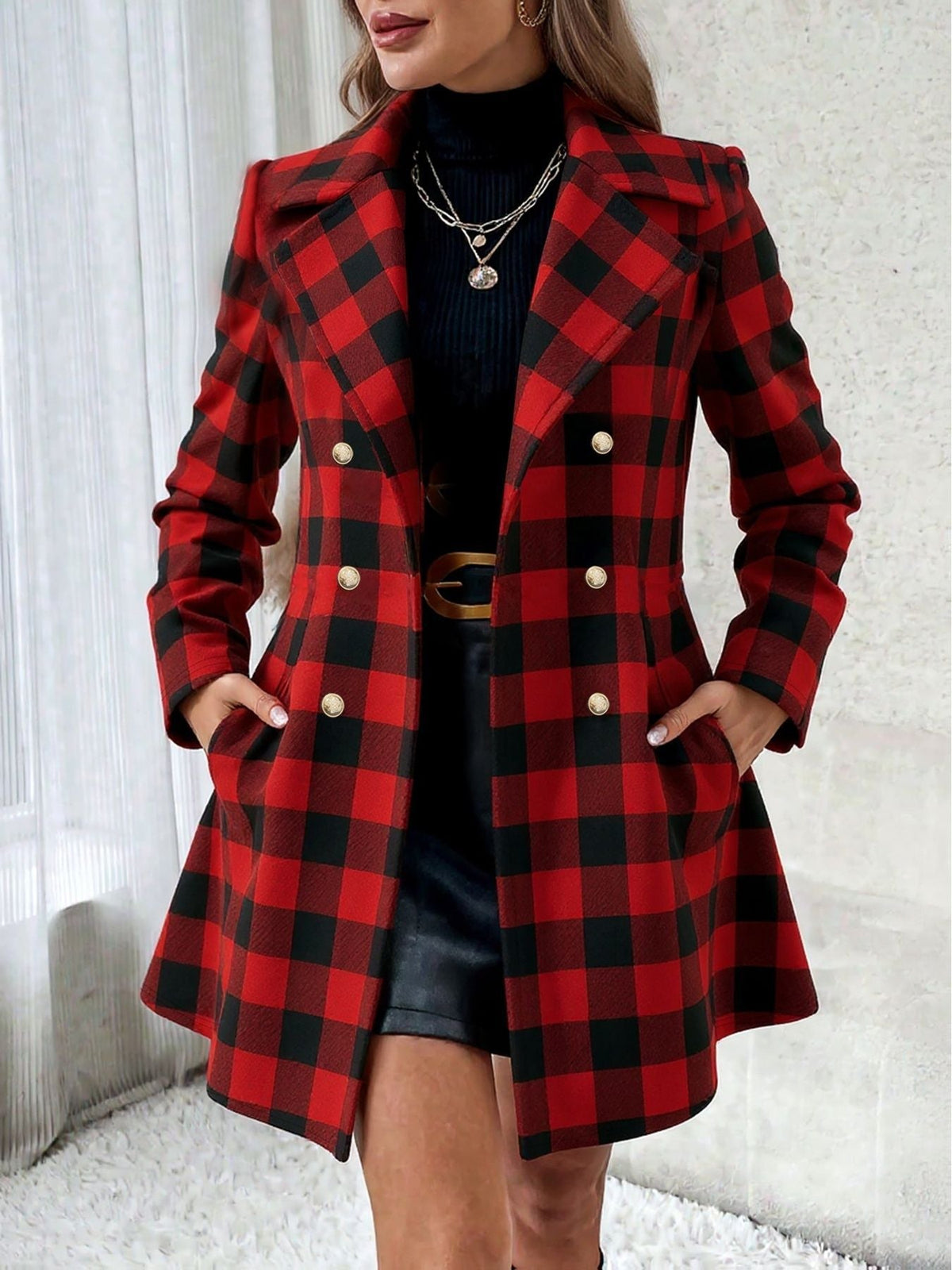 Plaid Fleece-lined Loose-fit Coat
