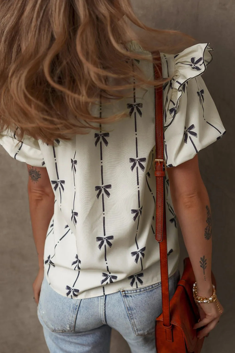 Bow Print  Short Sleeve Blouse