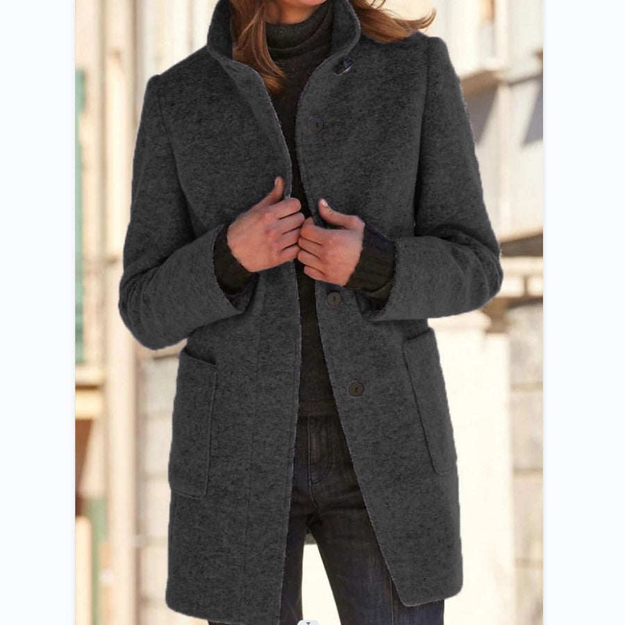 Stand Collar Woolen Coat With Pockets Fall Winter Casual Button