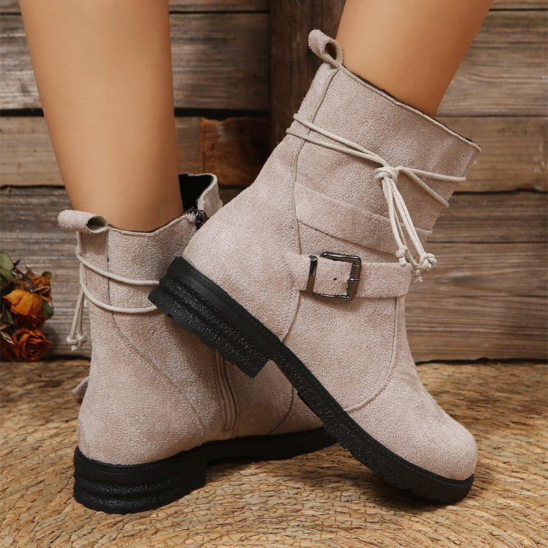 Round Toe Buckle Shoes Casual Retro Boots With Side Zipper Non Slip Ankle Boots For Women