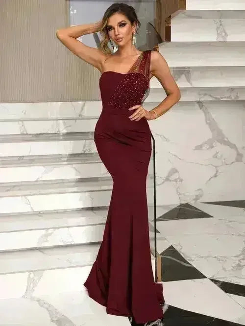 Rhinestone One-Shoulder Elegant Evening Gown