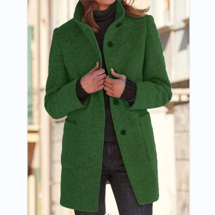 Stand Collar Woolen Coat With Pockets Fall Winter Casual Button