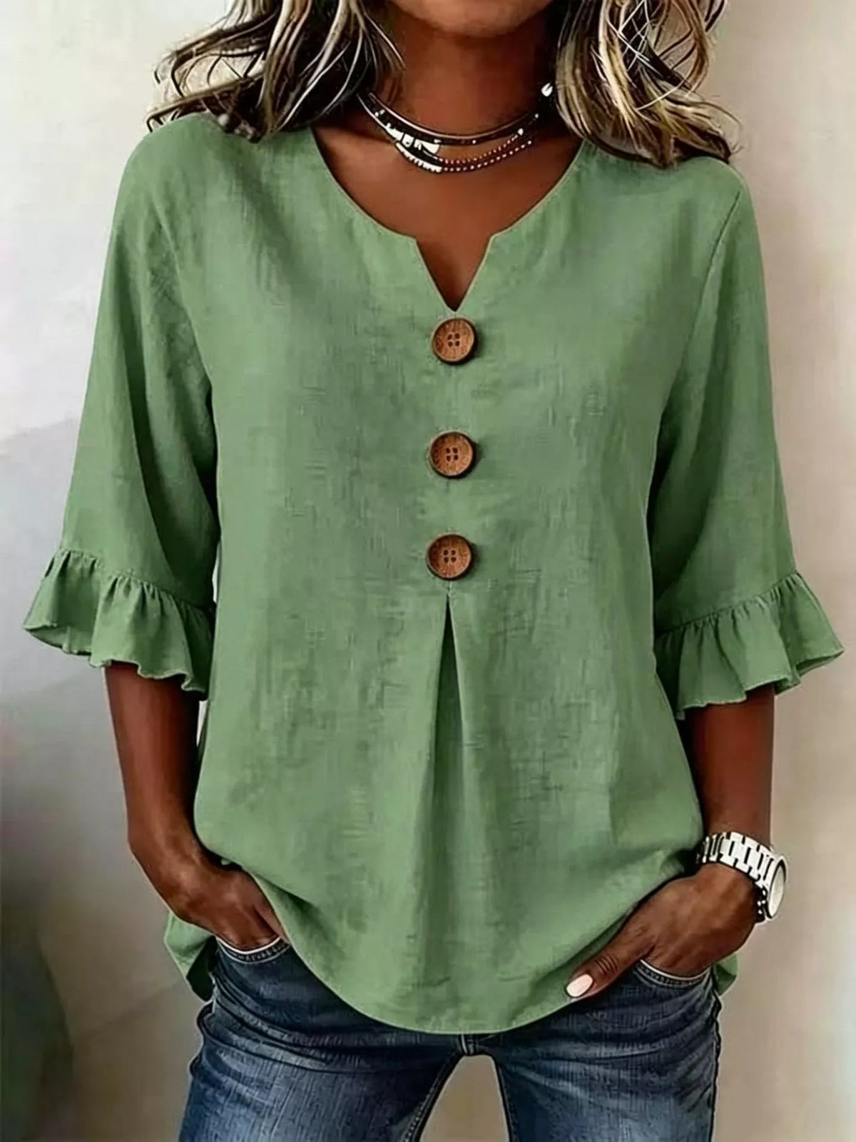 Casual Ruffle‑Sleeve - Button Top Plus Size