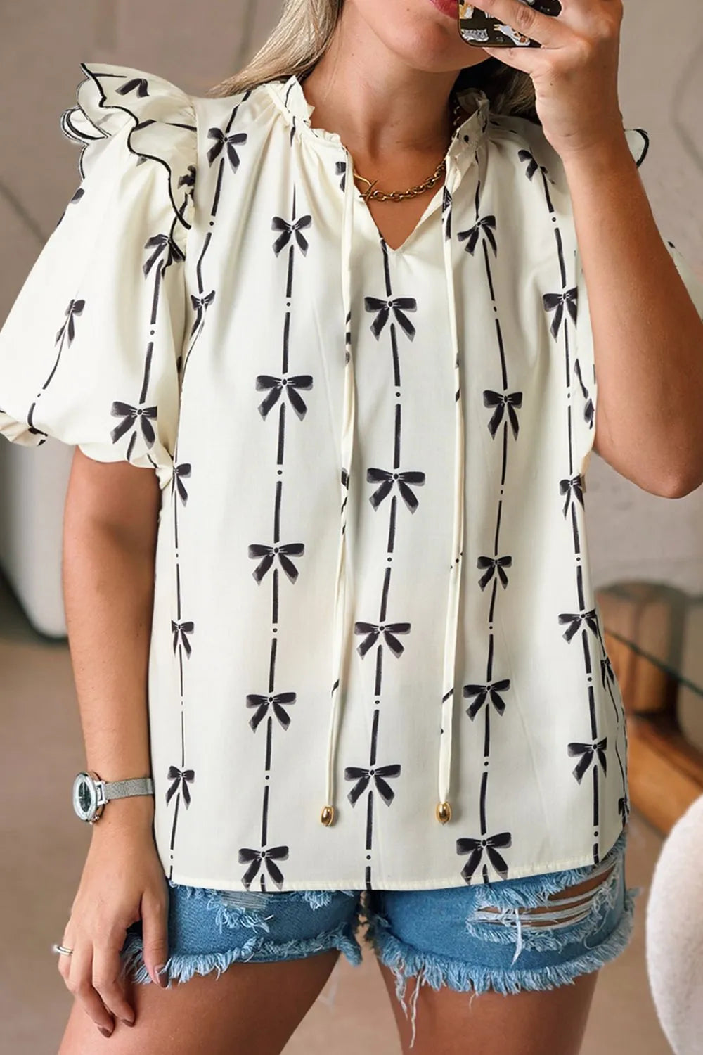 Bow Print  Short Sleeve Blouse