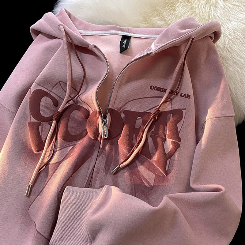Niche Foamed-print Hooded Cardigan For Students
