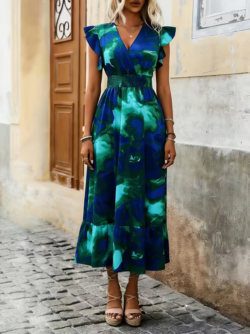 High Waisted Sleevless V-Neck Floral Print A-Line Midi Dress