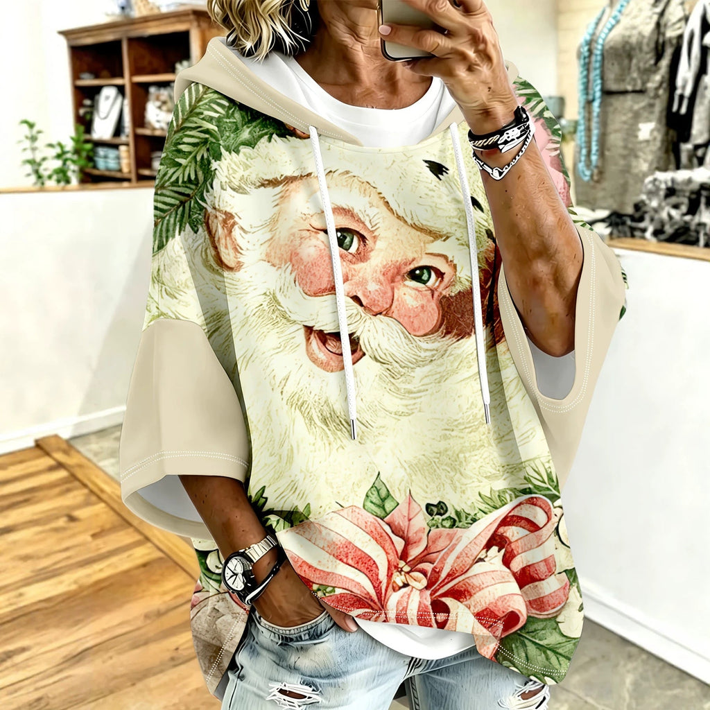 Retro-Print Hoodie With Drawstring And Three-Quarter Sleeves