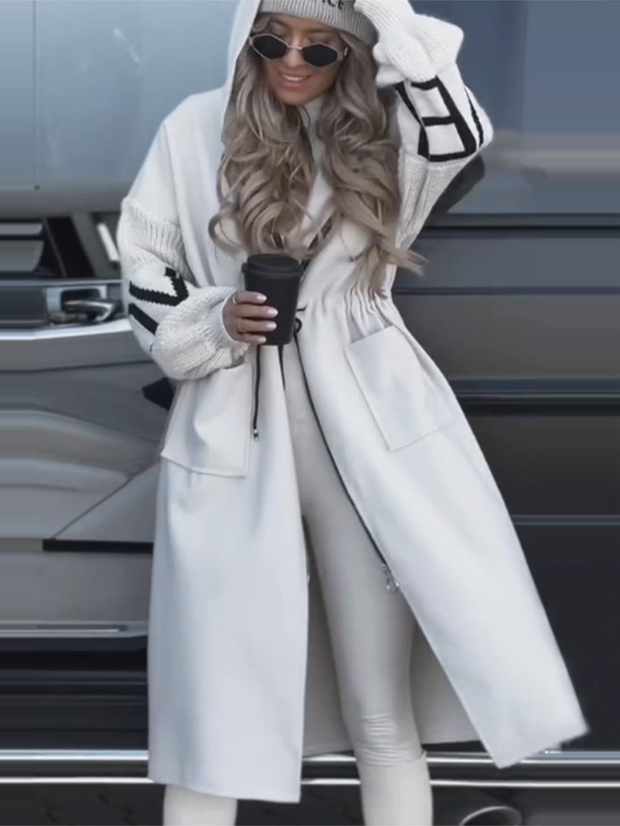 Hooded Windbreaker Long Jacket With Pockets And Drawstring Design