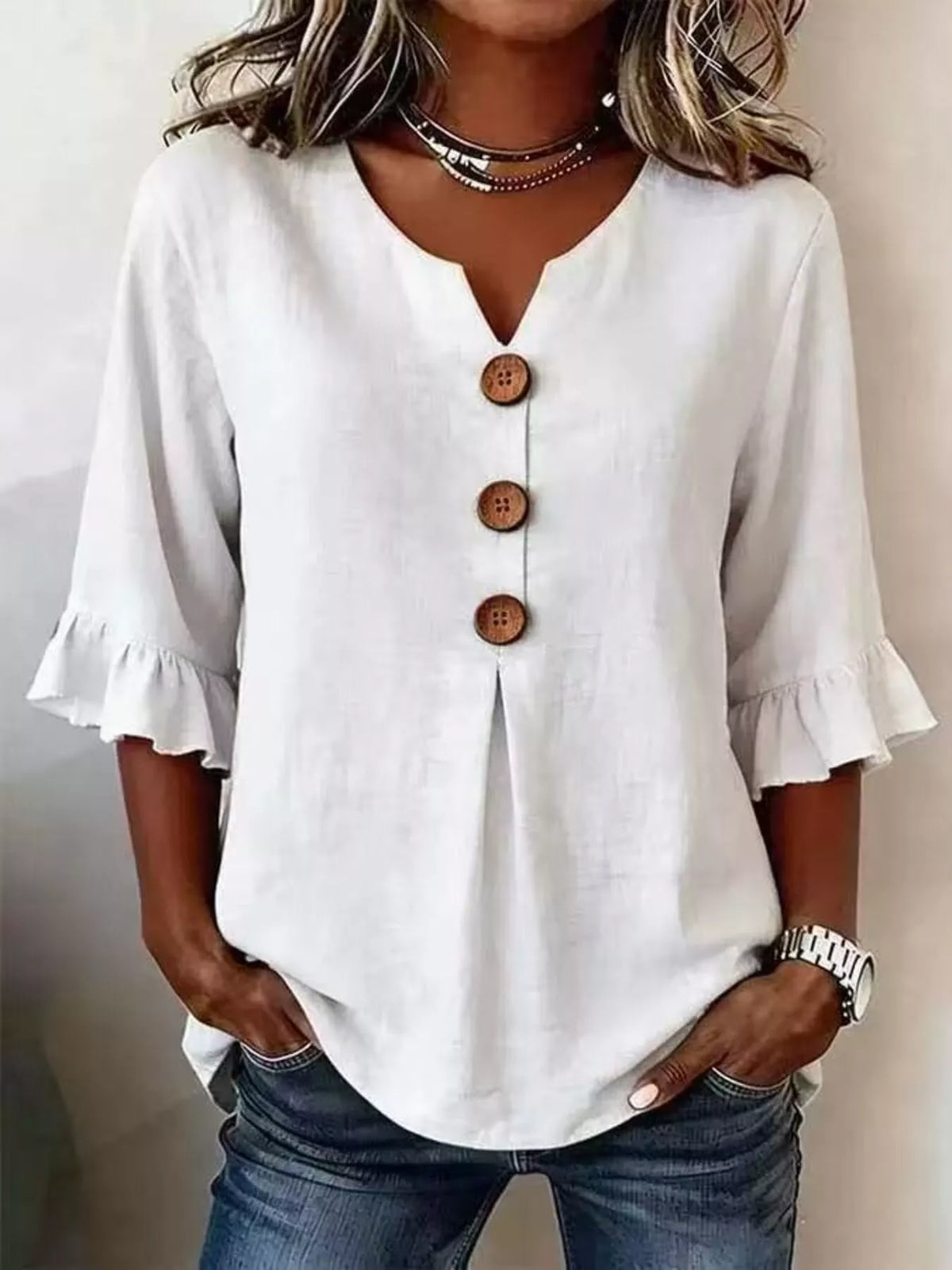 Casual Ruffle‑Sleeve - Button Top Plus Size