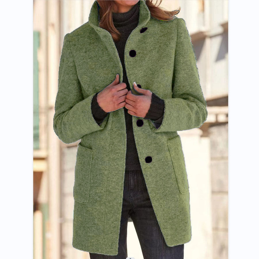 Stand Collar Woolen Coat With Pockets Fall Winter Casual Button