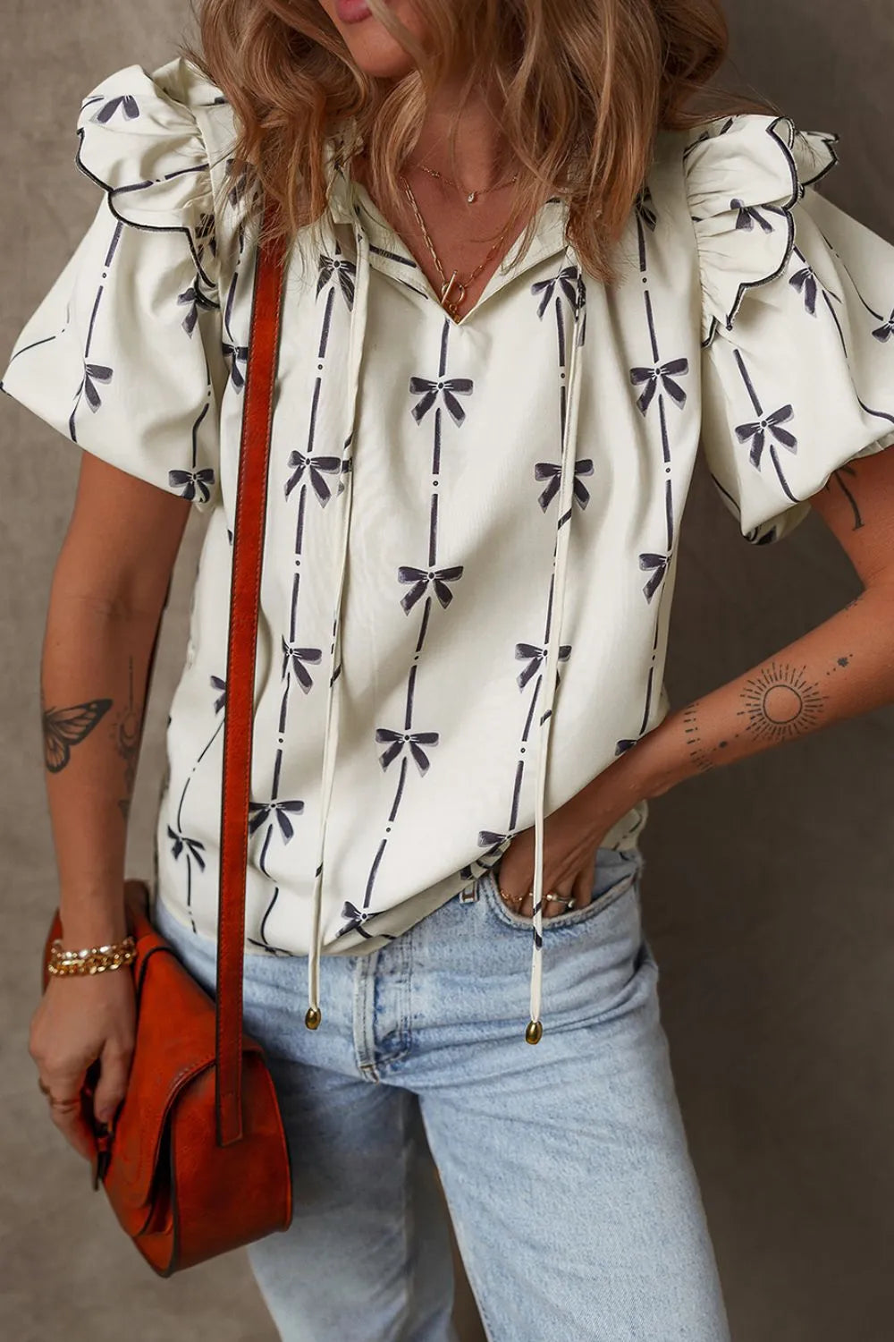 Bow Print  Short Sleeve Blouse