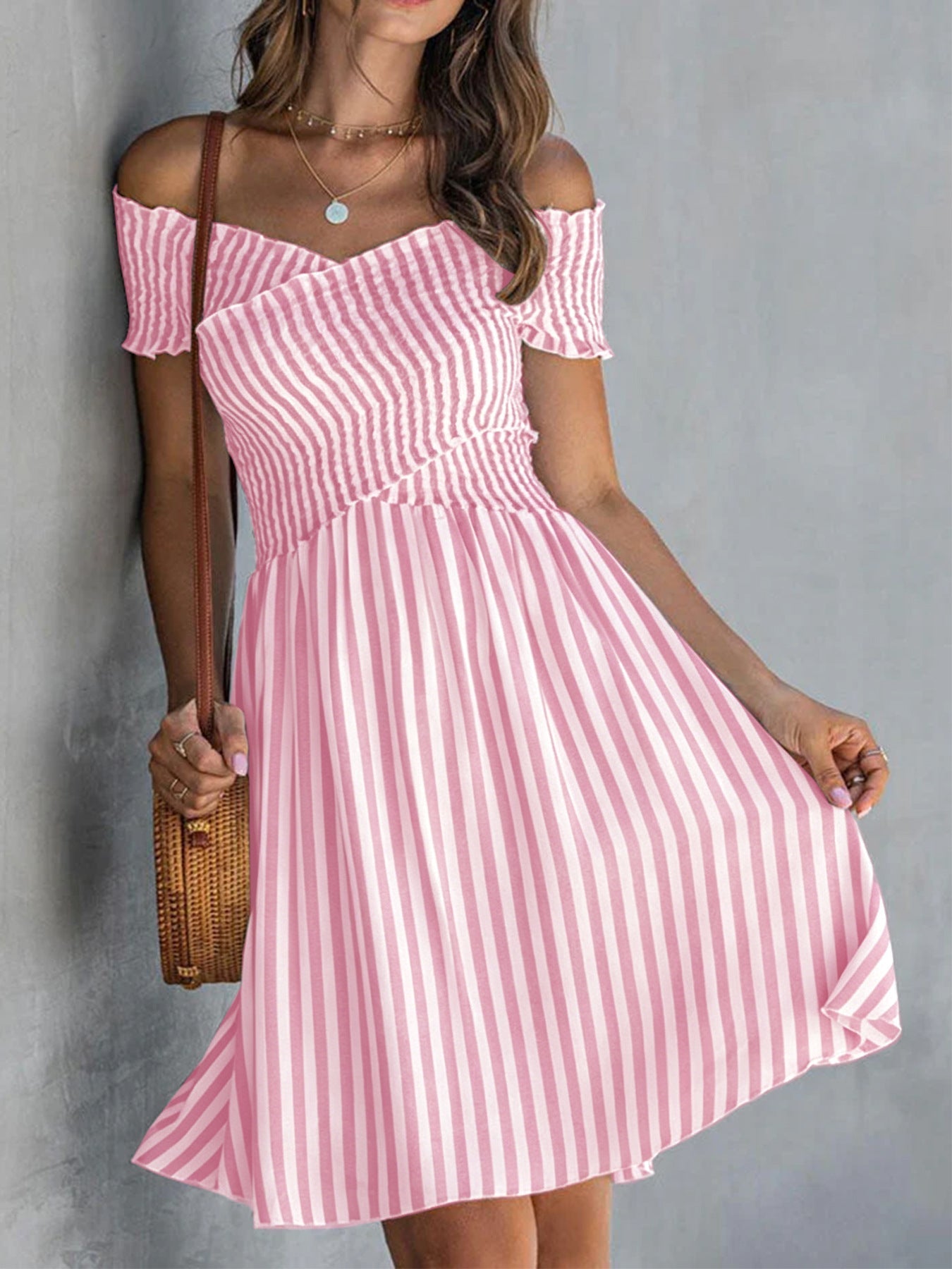 Off-Shoulder Striped Waist-Cinching Midi Dress