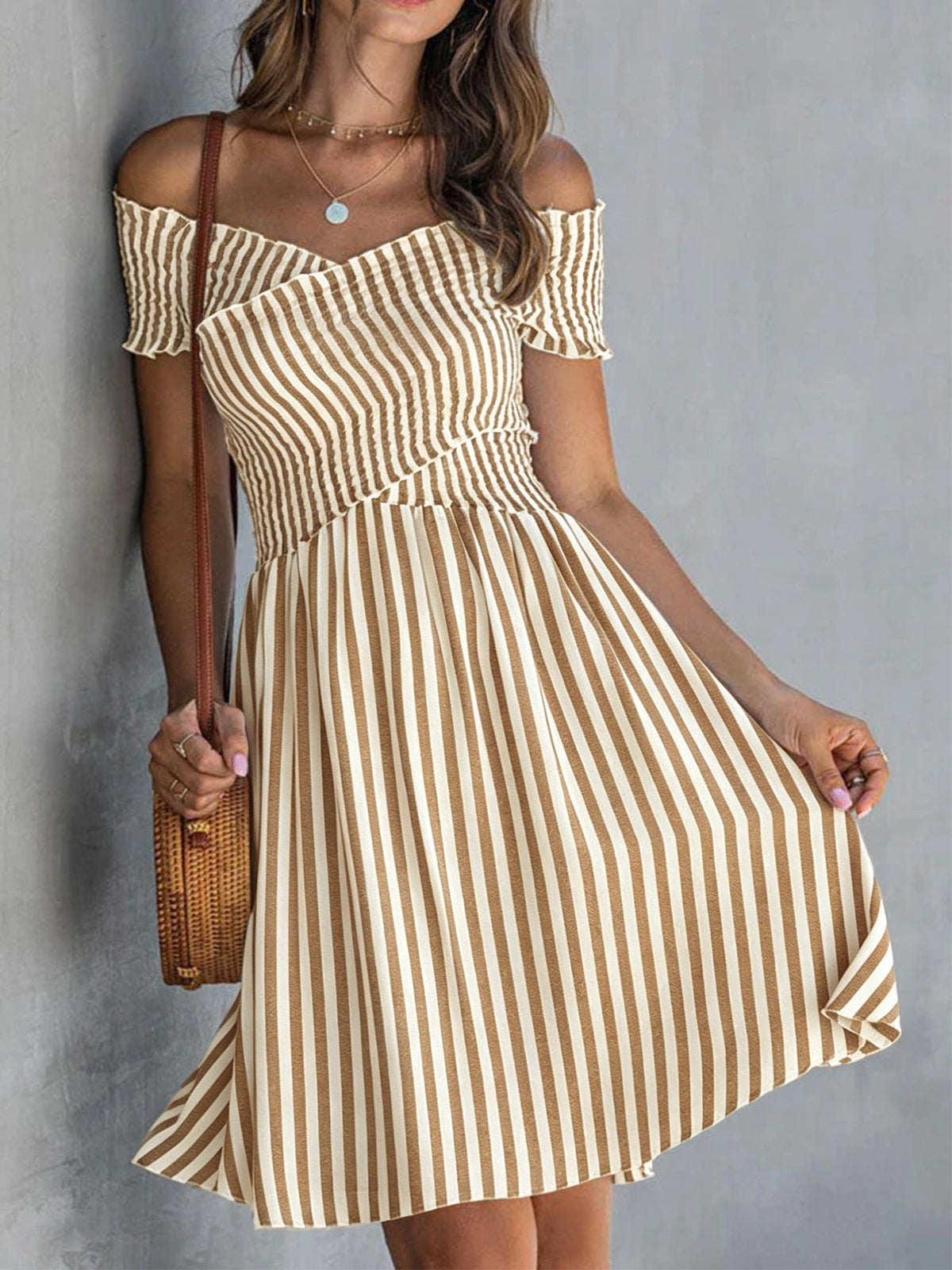 Off-Shoulder Striped Waist-Cinching Midi Dress