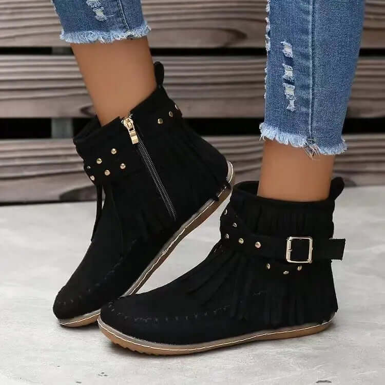 Winter Ankle Boots with Rivet Tassel Detail