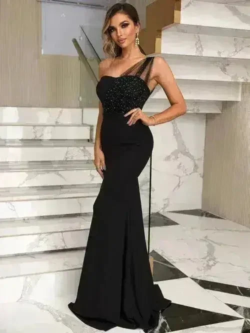 Rhinestone One-Shoulder Elegant Evening Gown