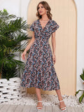 Chiffon Floral Print Long  Short Sleeve Dress