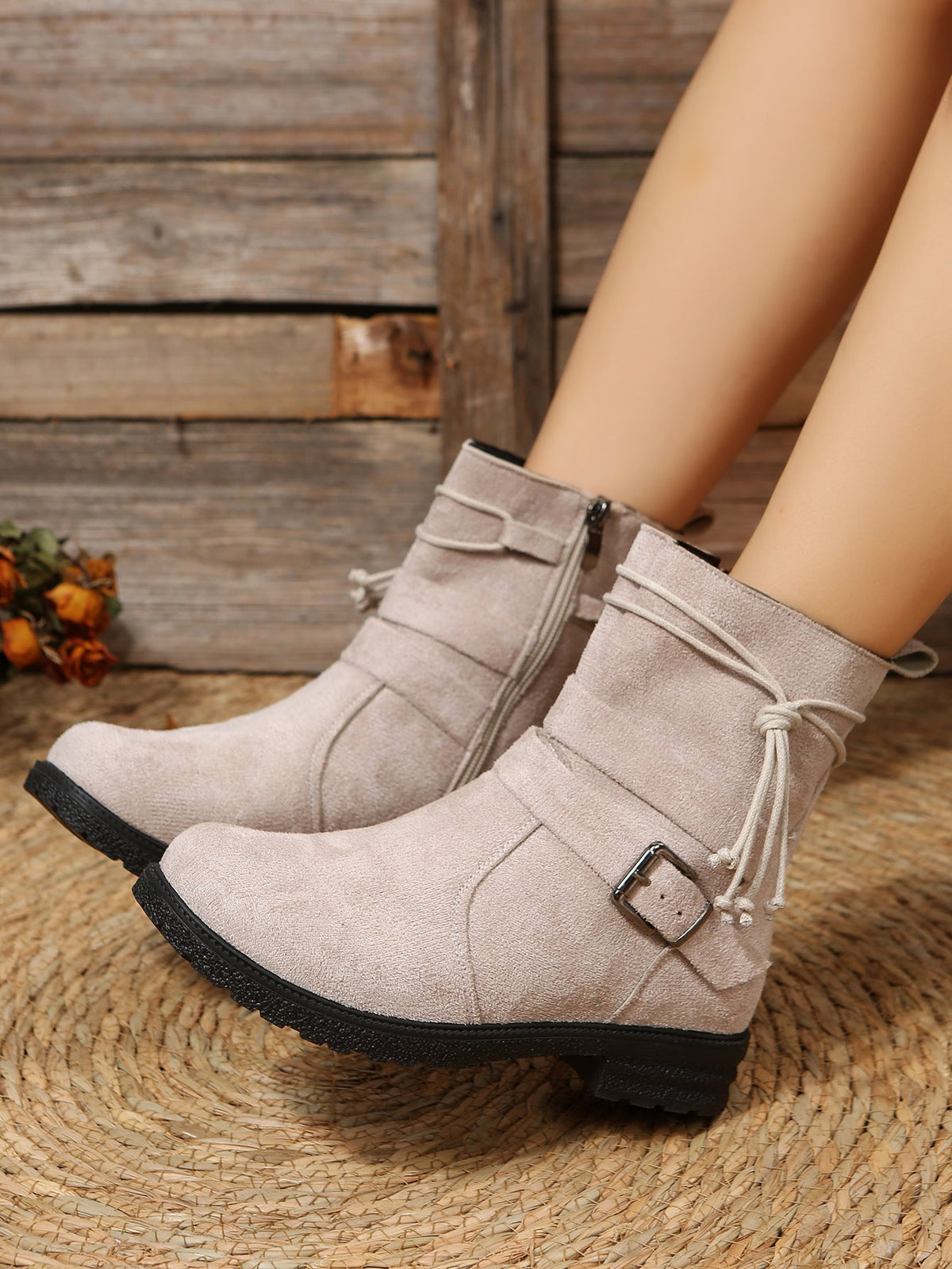 Round Toe Buckle Shoes Casual Retro Boots With Side Zipper Non Slip Ankle Boots For Women