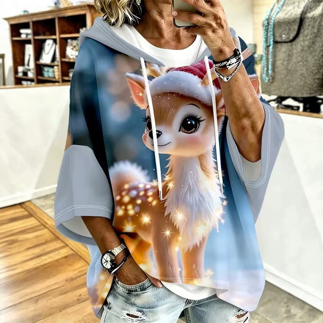 Retro-Print Hoodie With Drawstring And Three-Quarter Sleeves