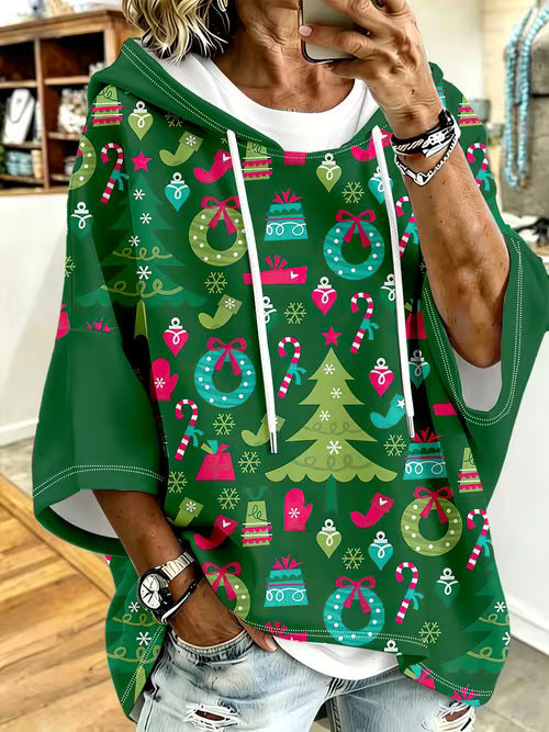 Retro-Print Hoodie With Drawstring And Three-Quarter Sleeves