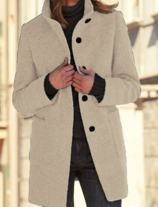 Stand Collar Woolen Coat With Pockets Fall Winter Casual Button