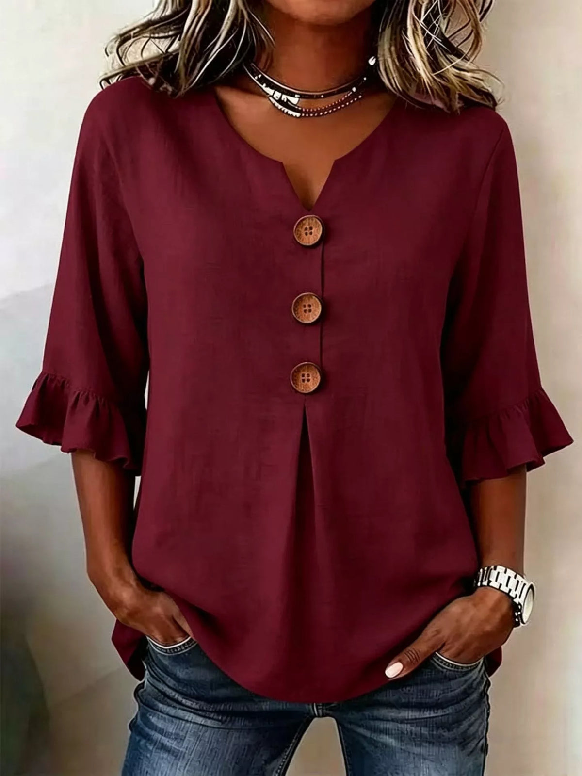 Casual Ruffle‑Sleeve - Button Top Plus Size