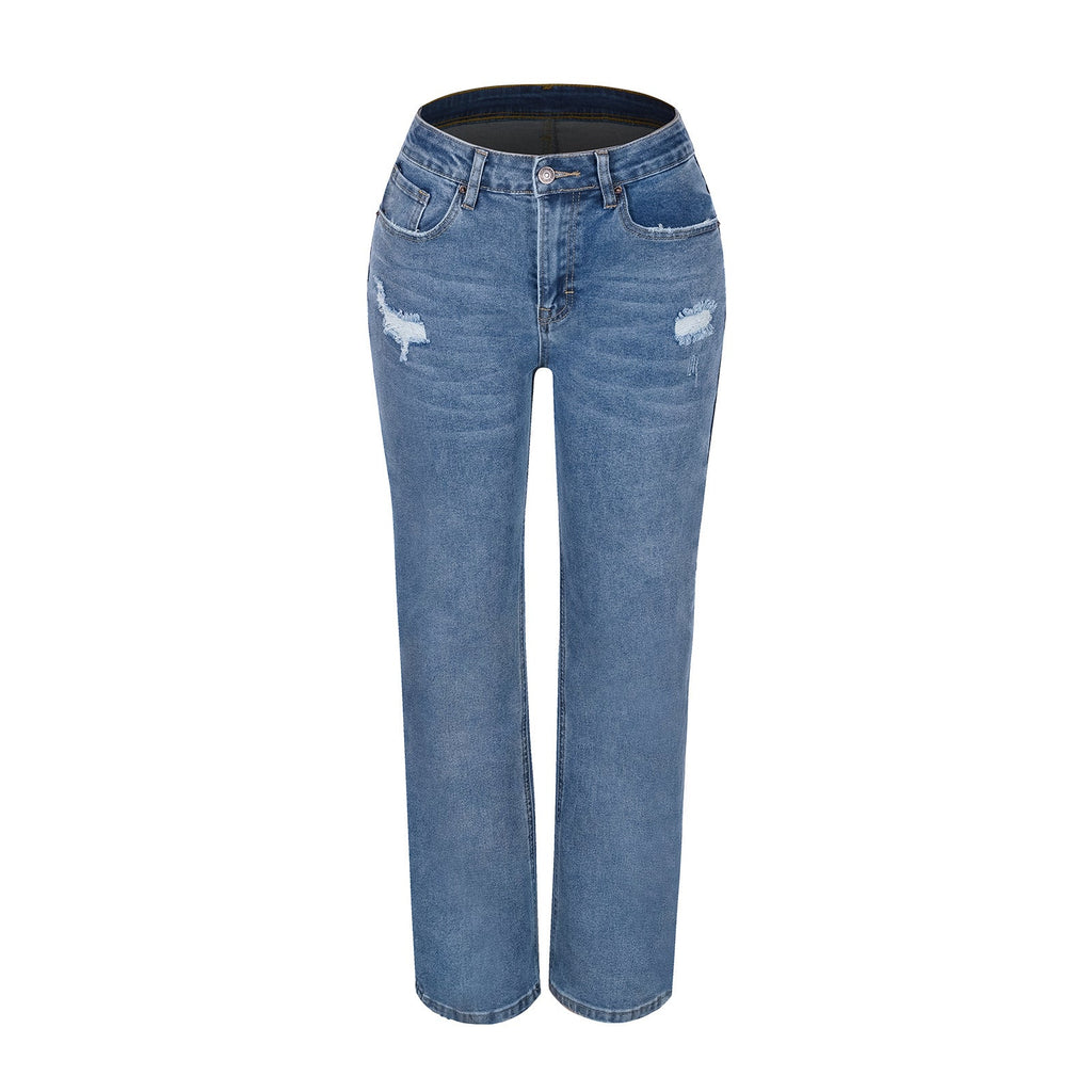 Loose-fit Straight-leg Ripped High-elastic Jeans